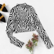 Romwe Zebra Print Stand Collar Tee