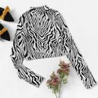 Romwe Zebra Print Stand Collar Tee