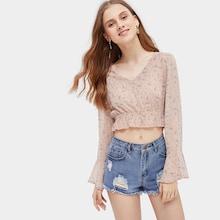 Romwe Floral Print Ruffle Trim Flounce Sleeve Blouse