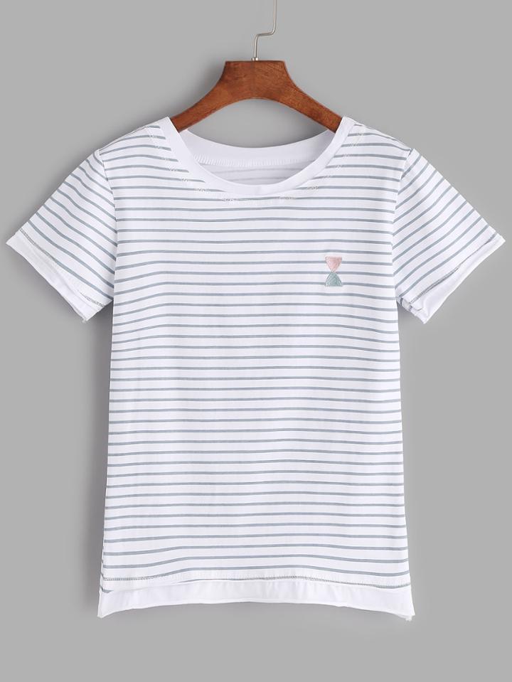 Romwe Blue Striped Embroidered T-shirt