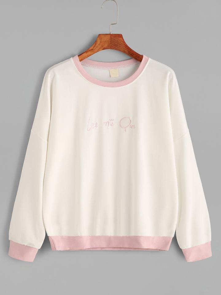 Romwe Beige Contrast Trim Letter Embroidered Sweatshirt