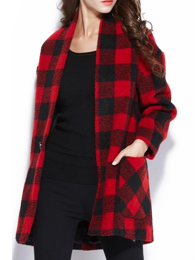 Romwe Plaid Pockets Loose Red Coat