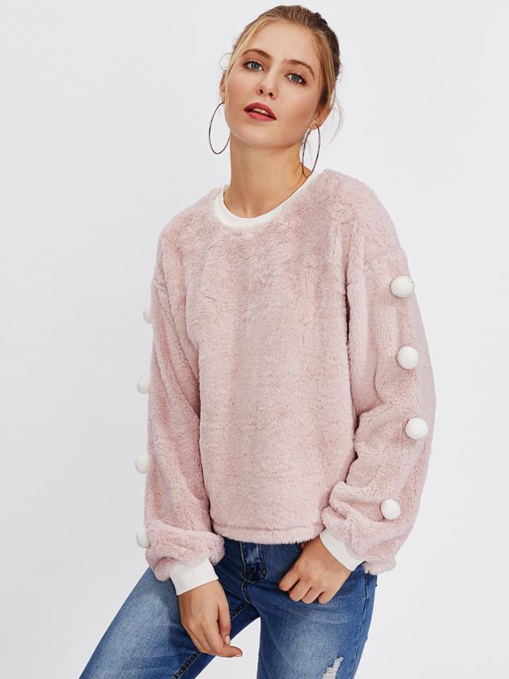 Romwe Pom Pom Sleeve Faux Fur Sweatshirt