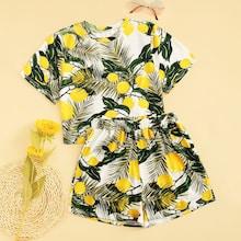 Romwe Plants And Lemon Print Top With Shorts