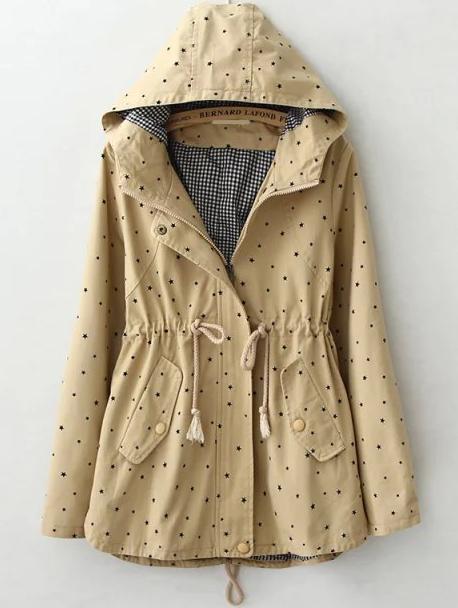 Romwe Hooded Stars Print Khaki Coat