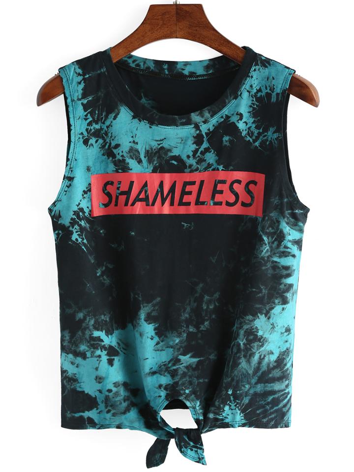 Romwe Letters Print Knotted Tie-dye Tank Top