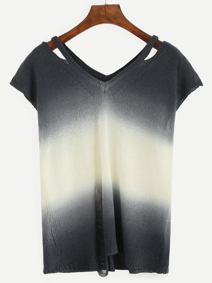 Romwe Ombre Short Sleeve Cut Out Sweater