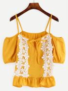 Romwe Yellow Flower Crochet Applique Cold Shoulder Ruffle Top