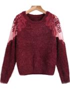 Romwe Hollow Lace Mesh Mohair Red Sweater