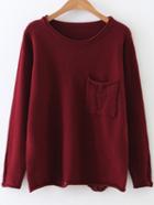 Romwe Burgundy Rolled Trim Ripped Knitwear With Pocket
