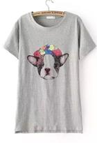 Romwe Dip Hem Dog Print Grey T-shirt