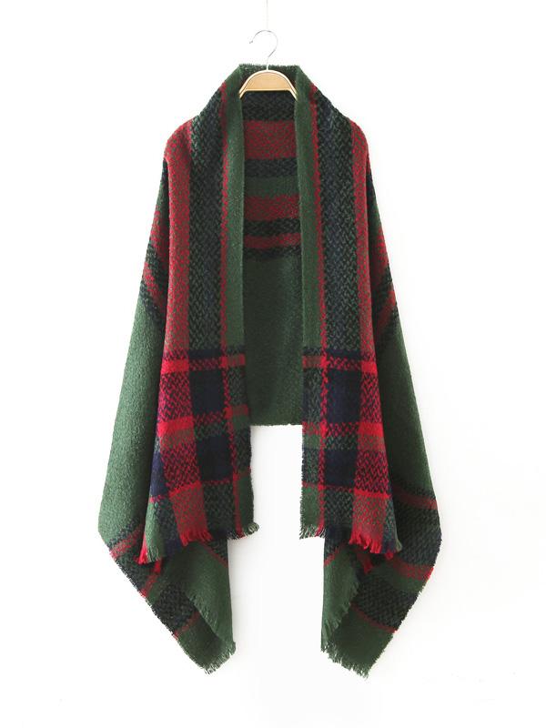 Romwe Vintage Green Plaid Raw Edge Scarf