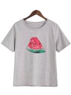 Romwe Grey Short Sleeve Watermelon Print Casual T-shirt