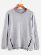 Romwe Light Grey Zipper Hem Front Sweater