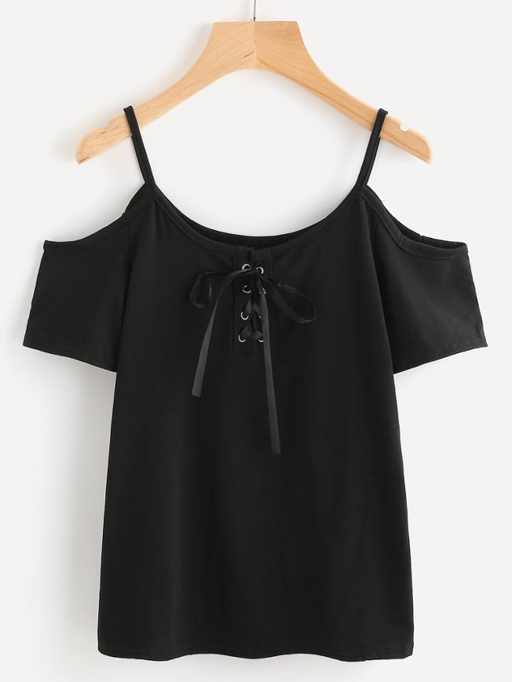 Romwe Lace Up Front Cold Shoulder Tee