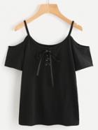 Romwe Lace Up Front Cold Shoulder Tee