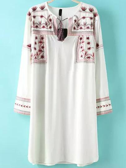 Romwe Long Sleeve Florals Embroidered Shift Dress