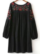 Romwe Black Floral Embroidery Long Sleeve T-shirt Dress