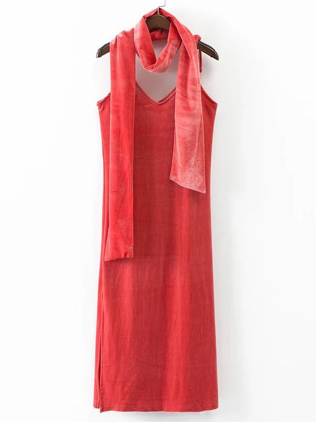 Romwe Pink Spaghetti Strap Slit Velvet Dress With Scarf