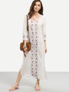 Romwe White Tie Neck Flower Embroidered Dress