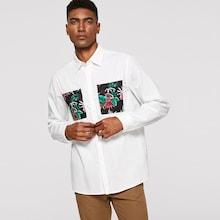 Romwe Guys Plants Print Patched Shirt