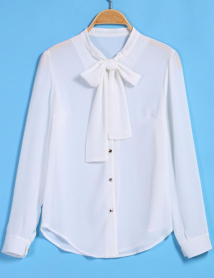 Romwe Knotted Collar Loose White Blouse