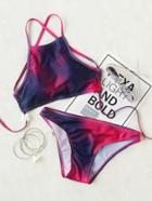 Romwe Ombre Cross Back Bikini Set