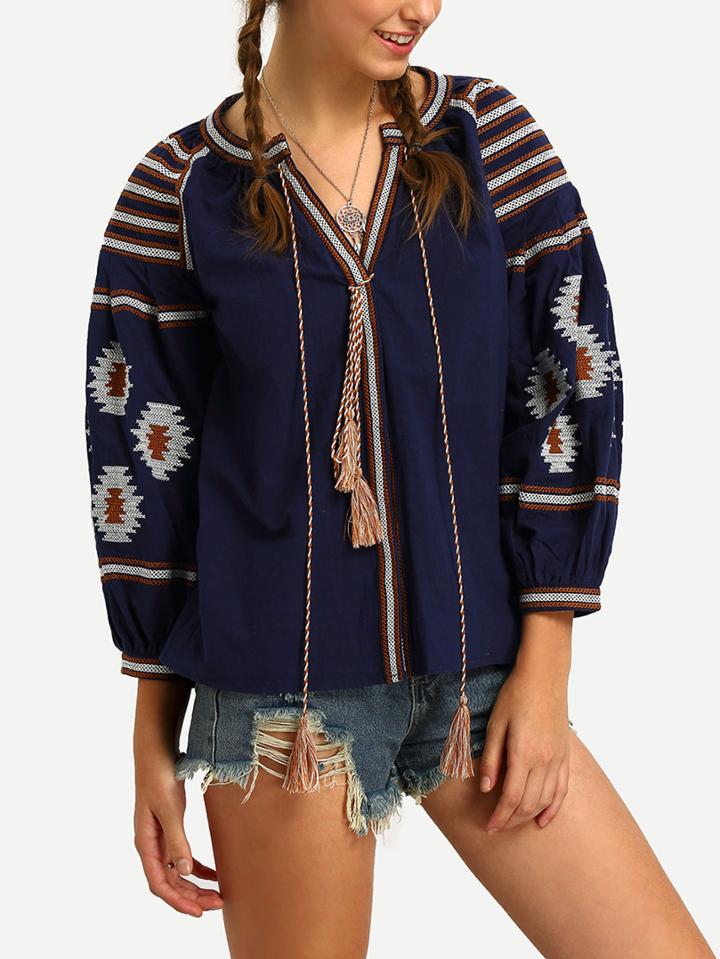 Romwe Blue Lantern Sleeve Lace Up Embroidered Top