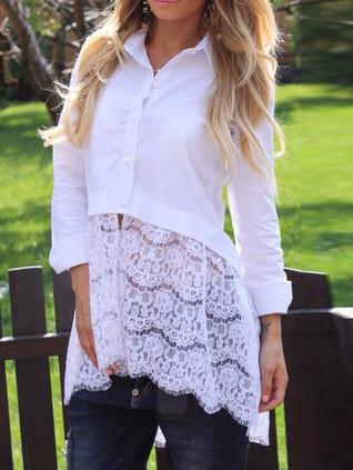 Romwe Lapel Plaid Contrast Lace White Blouse