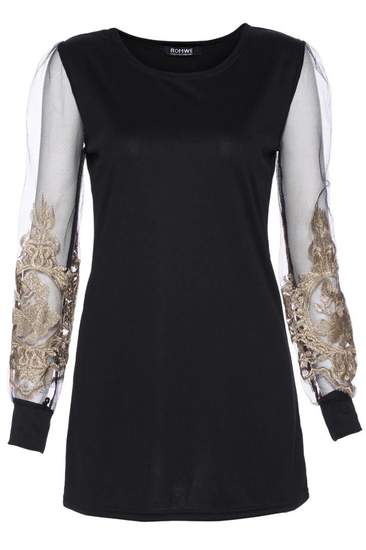 Romwe Romwe Mesh Panel Floral Embroidered Black Dress