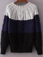Romwe Color Block Cable Knit Raglan Sleeve Sweater