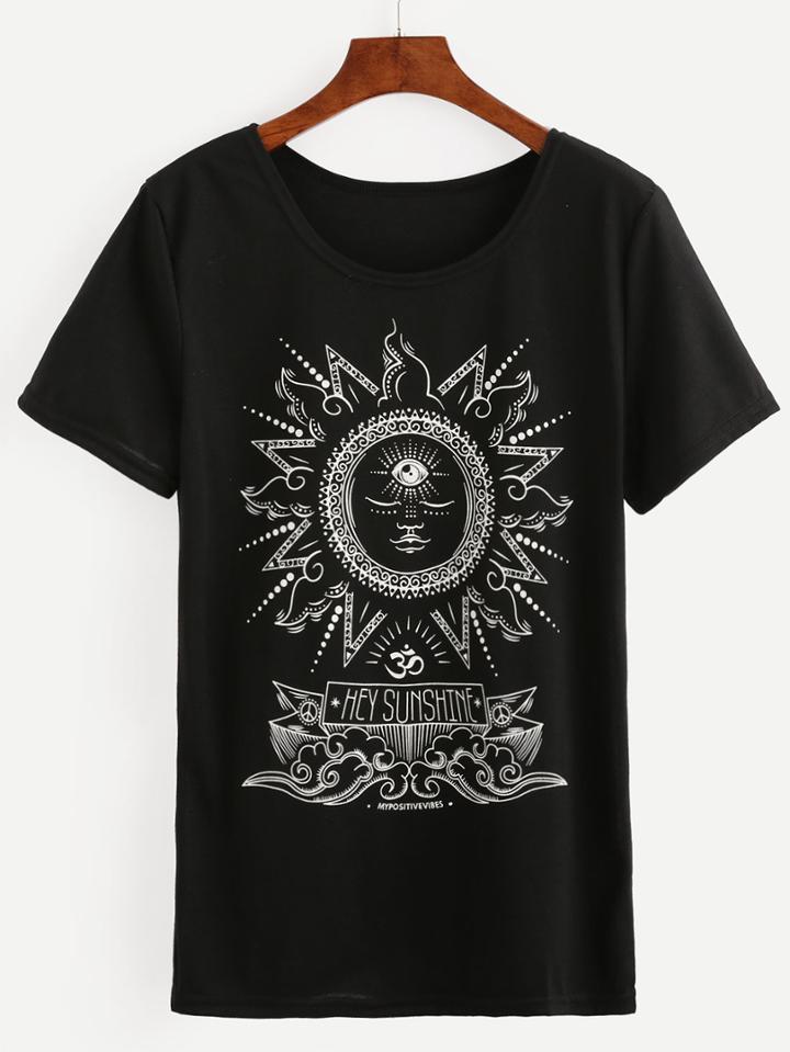 Romwe Black Sun Print T-shirt