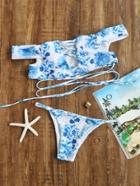 Romwe Blue Floral Print Off The Shoulder Criss Cross Bikini Set