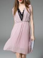 Romwe Pink V Neck Backless Contrast Lace Pleated Dress