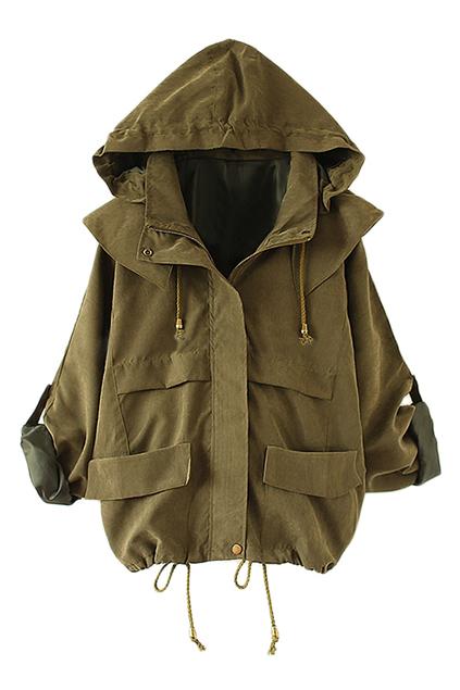 Romwe Drawstring Army Green Hoodied Coat