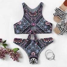 Romwe Knot Front Geometric Bikini Set