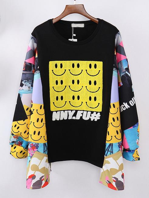 Romwe Cartoon Print Zipper Loose Black Sweatshirt