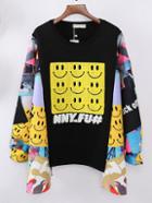 Romwe Cartoon Print Zipper Loose Black Sweatshirt