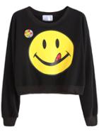 Romwe Black Smile Face Print Brooch Embellished Crop Sweatshirt