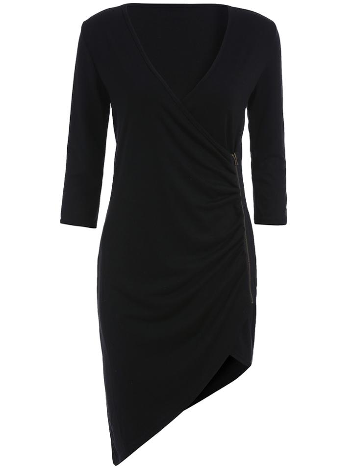 Romwe V Neck Side Zipper Asymmetrical Dress