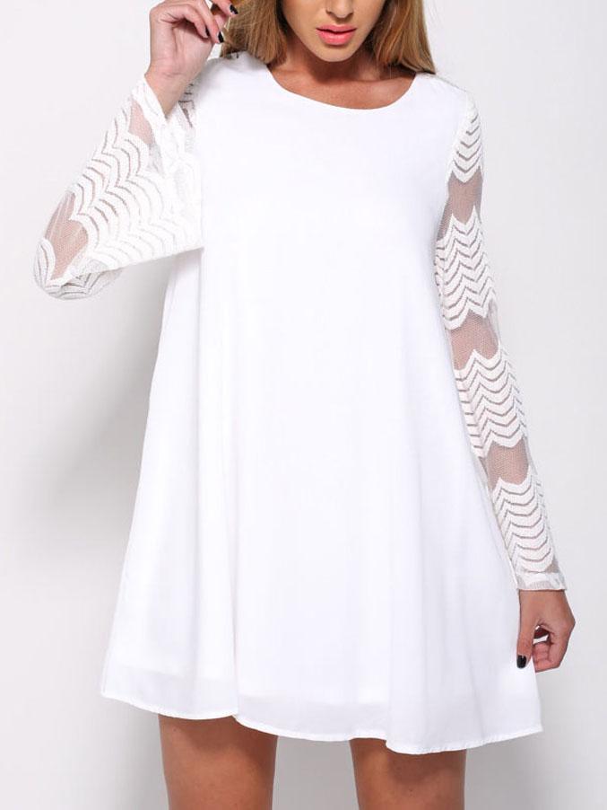 Romwe Chevron Striped Mesh Sleeve Swing Dress - White