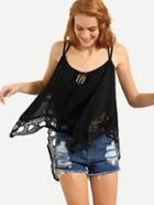 Romwe Strappy Lace Trimmed Asymmetric Cami Top - Black