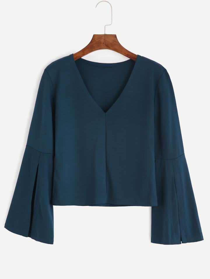 Romwe Dark Green V Neck Bell Sleeve T-shirt