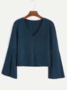 Romwe Dark Green V Neck Bell Sleeve T-shirt