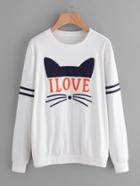 Romwe Cat Embroidered Varsity Striped Sweatshirt