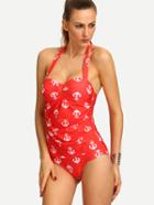 Romwe Anchor Print Ruched One-piece Swimwear - Red