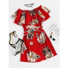 Romwe Floral Print Flounce Bardot Belted Dress