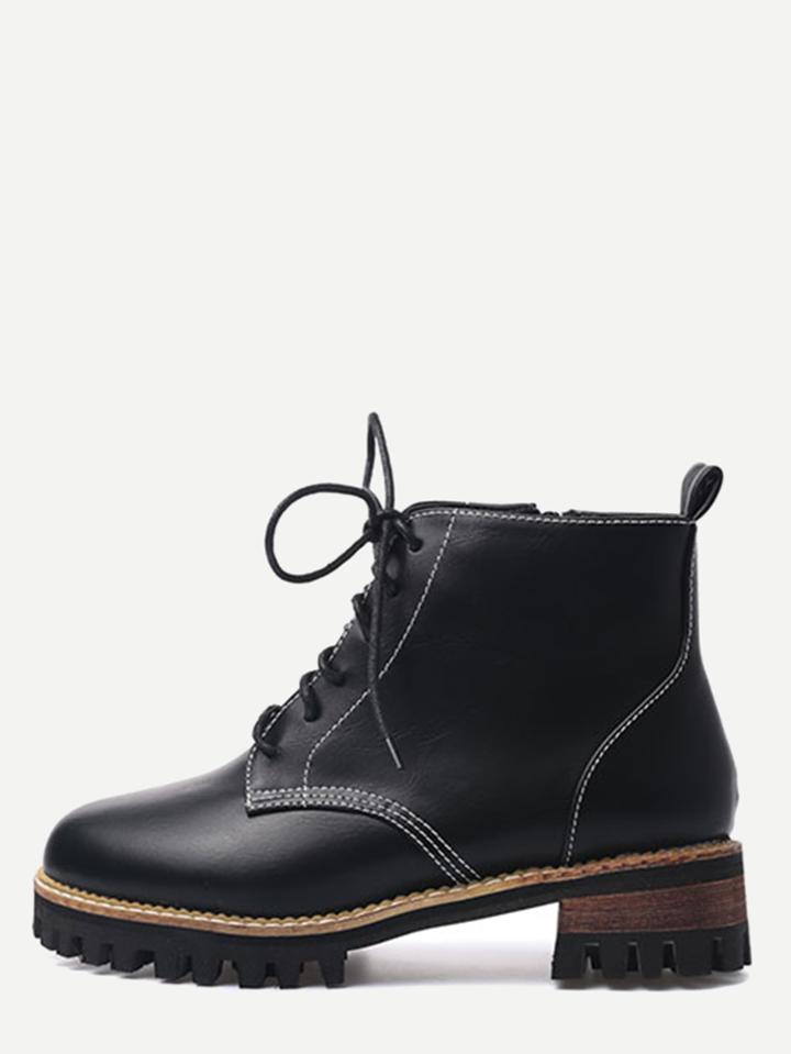 Romwe Black Pu Round Toe Lace Up Topstitch Booties