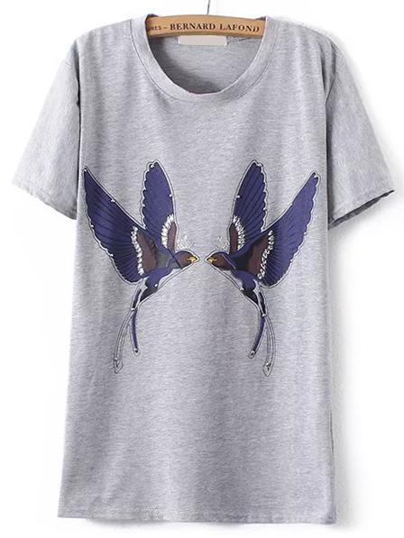 Romwe Bird Print Studded Grey T-shirt