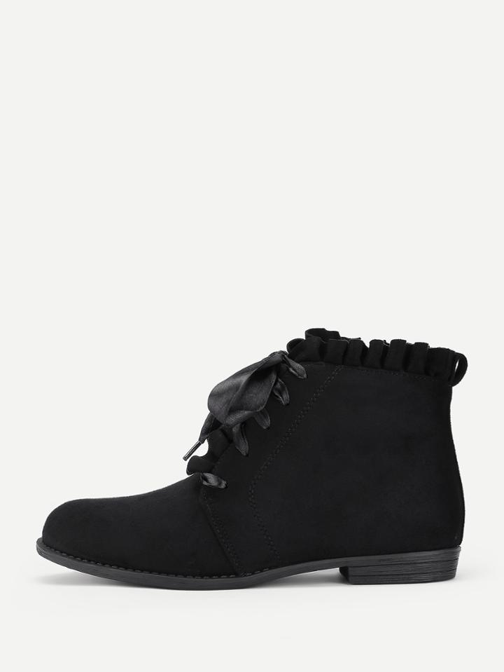 Romwe Lace Up Lettuce Trim Flat Boots